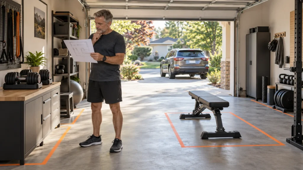 AI-generated illustrative garage-planning scene with a man, a bench and dumbbells; the car is outside. Not a measured or tested setup.