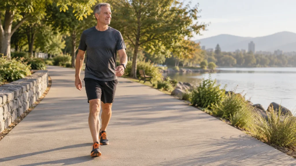 Illustrative scene of a man in his 50s walking on a broad even park path.