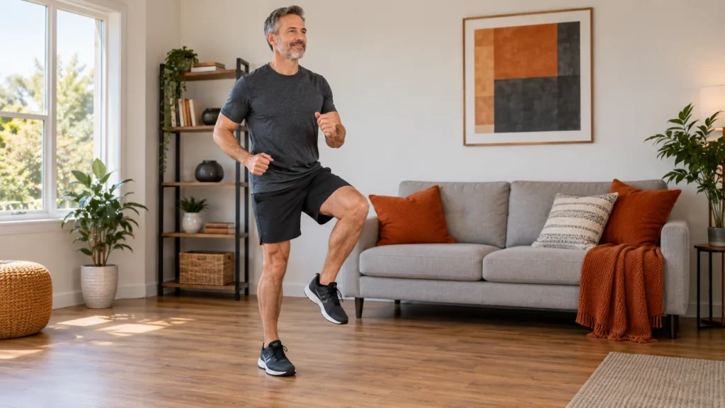 Illustrative home exercise scene for home cardio exercises; not a tested product or measured technique demonstration.