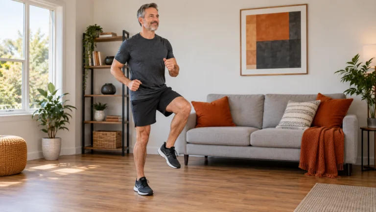 Illustrative home exercise scene for home cardio exercises; not a tested product or measured technique demonstration.