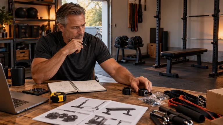 Illustrative image of a man over 50 planning a home gym purchase with a calculator, tape measure and equipment list.