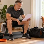 A mature man reviewing a paper training plan in a modest home exercise corner beside a gym bag, dumbbell and tablet.