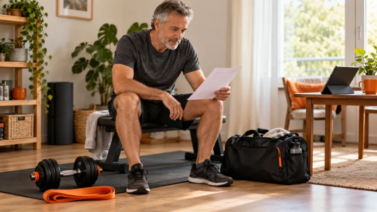 Hybrid Gyms | Compare Costs, Coaching and Home Options 1 A mature man reviewing a paper training plan in a modest home exercise corner beside a gym bag, dumbbell and tablet.