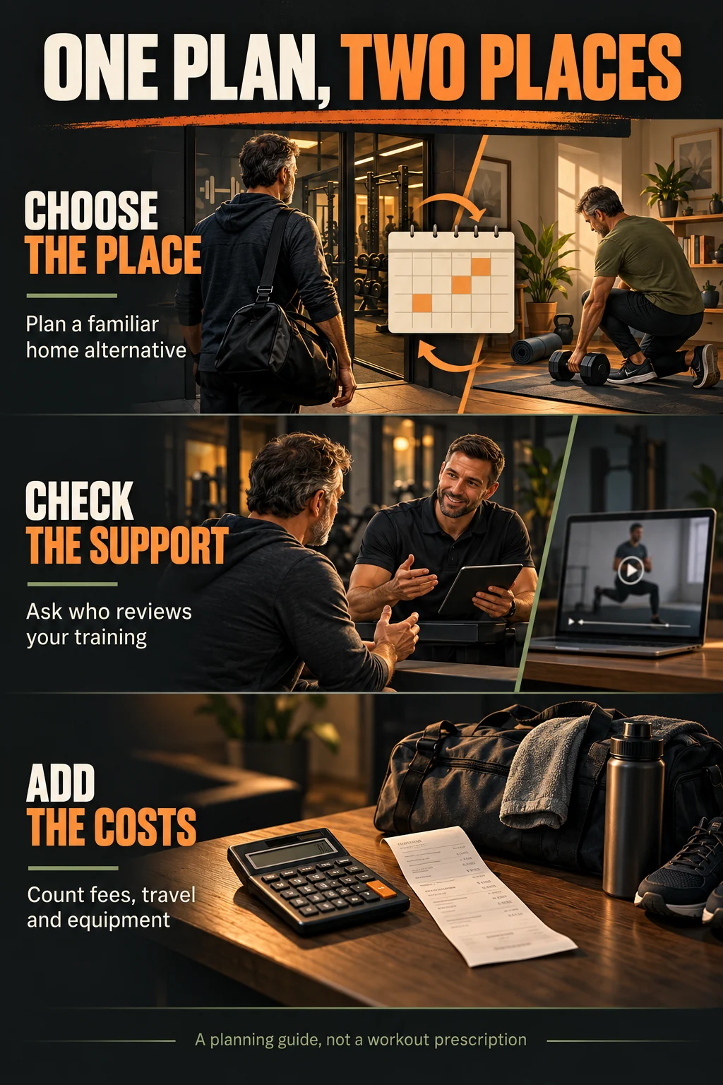 Hybrid Gyms | Compare Costs, Coaching and Home Options 6 Three hybrid gym decisions illustrated: choose the place, check the support and add the costs, with gym, home, coaching and budget scenes.