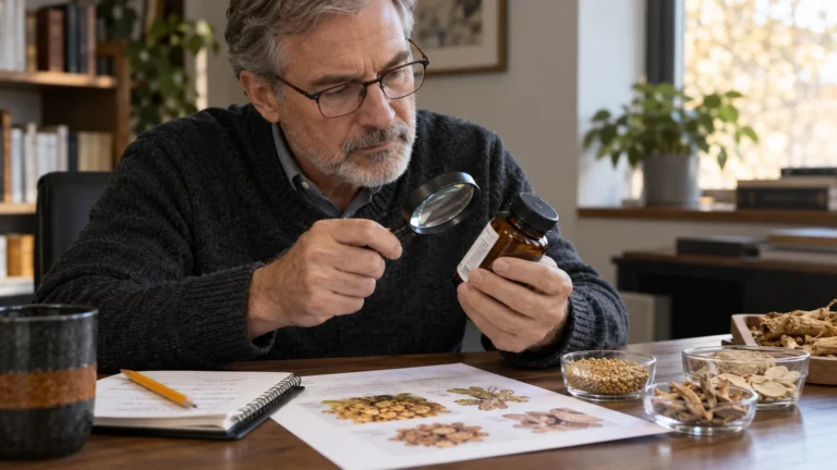 Ingredients That Boost Testosterone | Study-by-Study Evidence 7 Illustrative scene of a man in his late 50s reading an unbranded supplement label with a magnifying glass beside notes and generic botanical materials.