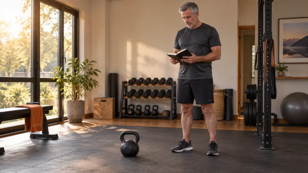Illustrative scene of a man in his late 50s preparing a notebook beside one kettlebell in a clear home training space.