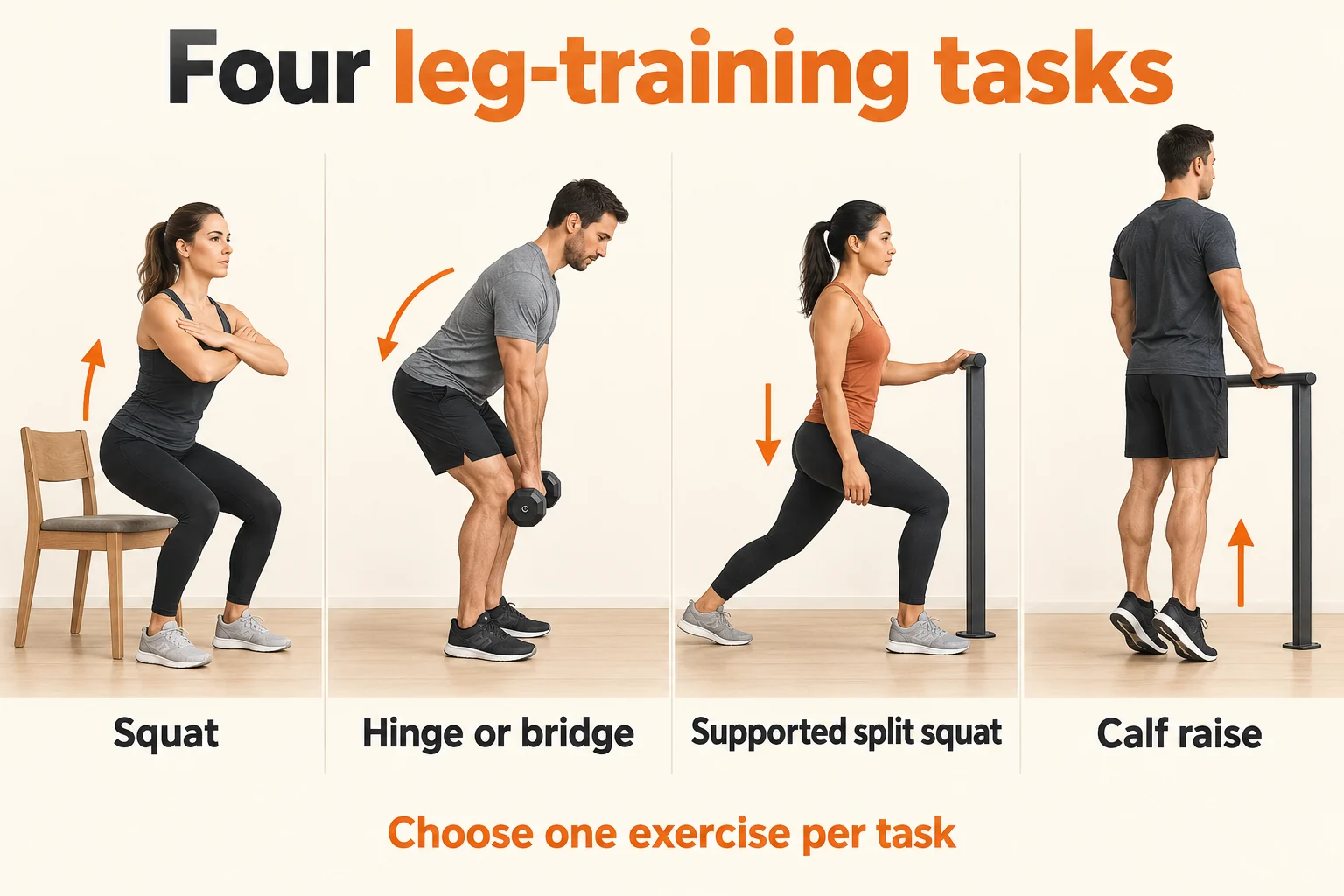 Lower Body Home Workouts | Two Complete A/B Sessions 3 Four leg-training tasks. Four movement tasks to organize a session. Choose one exercise per task; these categories do not imply that each exercise isolates one muscle.