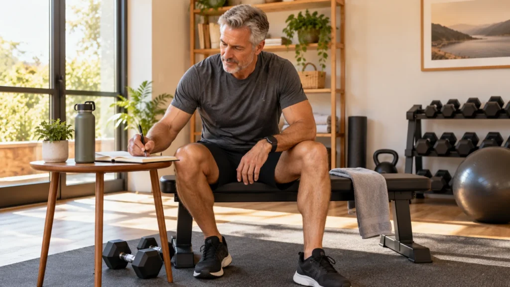 Illustrative scene of a man over 50 reviewing a workout notebook in a home gym.