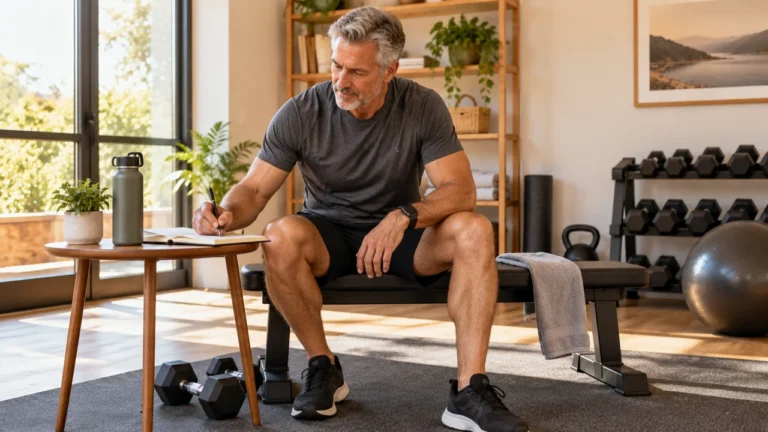 Common Fitness Mistakes | Practical Fixes for Men Over 50 11 Illustrative scene of a man over 50 reviewing a workout notebook in a home gym.