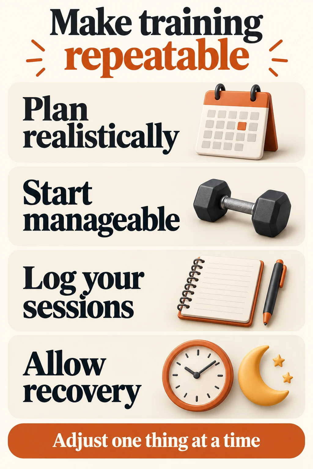 Common Fitness Mistakes | Practical Fixes for Men Over 50 6 Training checklist: plan realistically, start manageable, log sessions and allow recovery; adjust one thing at a time.