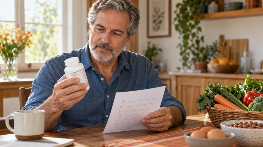 Illustrative editorial scene of a man in his 50s comparing a vitamin bottle with a paper checklist at home.