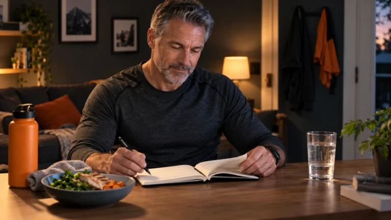 Muscle Recovery Techniques | What to Check First 11 Illustrative scene of a man in his 50s writing in a training notebook at home beside a meal and a glass of water.