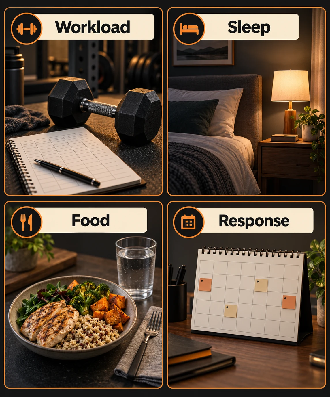 Four entries for a weekly recovery record. Record workload, sleep, food and your response together. The meal and calendar are illustrations, not a prescribed portion, measured recovery rate or proof that one technique caused a change.