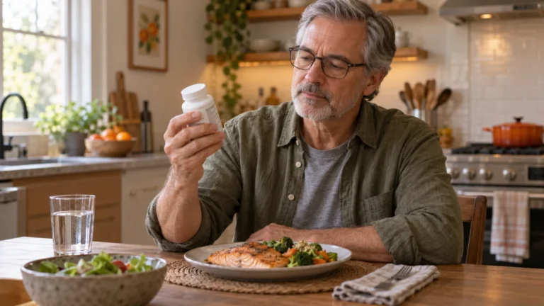 Illustrative editorial scene of a man in his 50s reading a supplement label beside a salmon meal.
