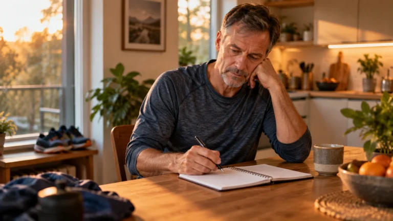 A man pauses at a kitchen table to review his training diary and prepare notes.