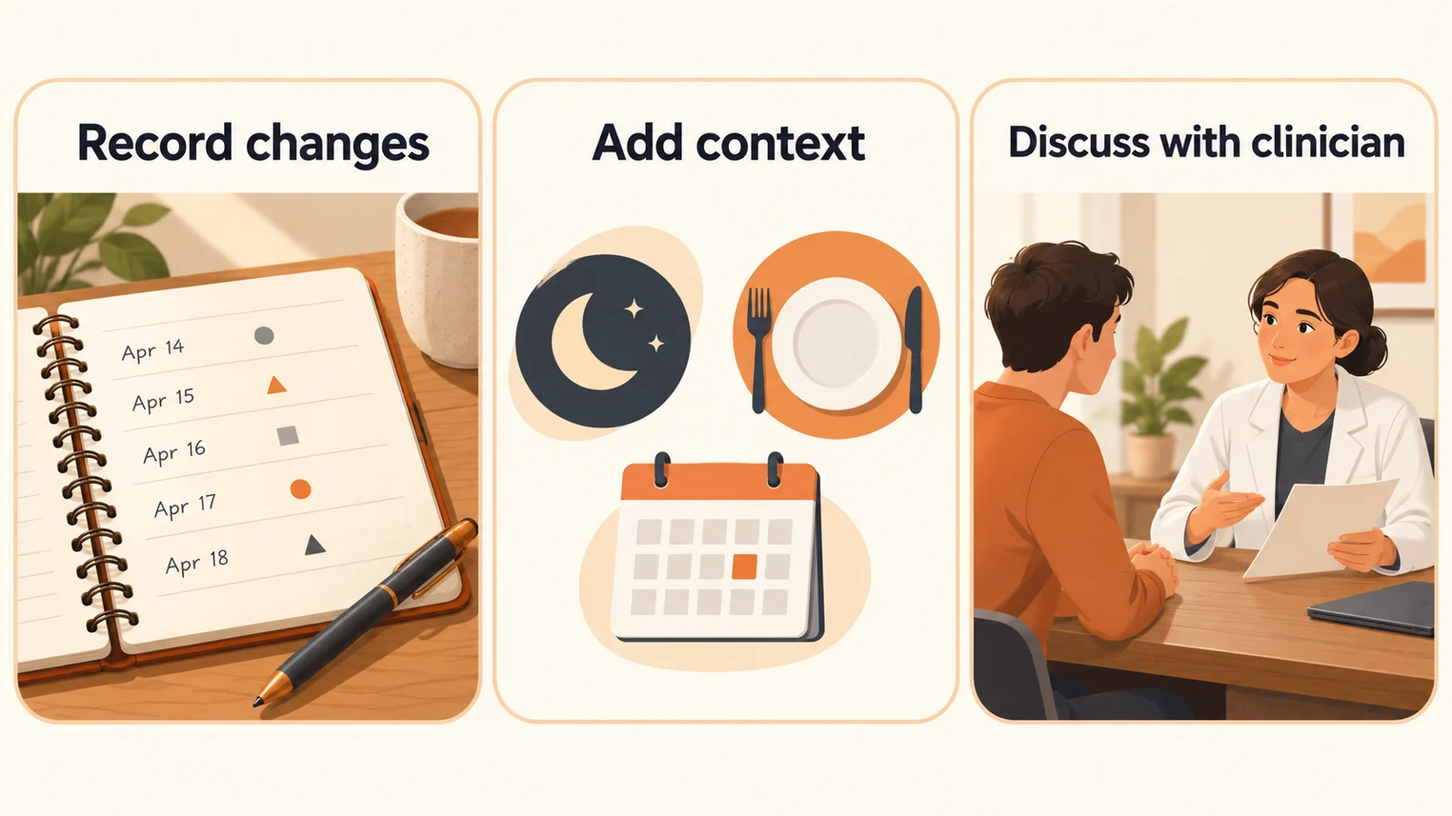 Three stages of preparing an observation record: record changes, add context and discuss with a clinician.