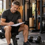 Illustrative scene of a man in his 50s reviewing a workout notebook beside a weight bench and dumbbells.