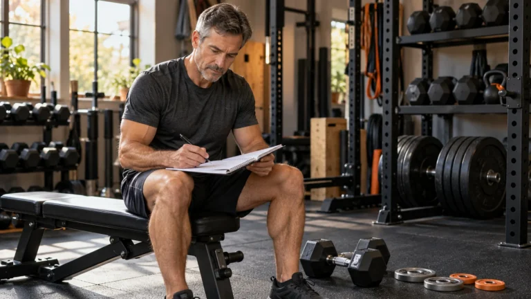 Overcoming Fitness Plateaus | Choose Your Next Training Change 7 Illustrative scene of a man in his 50s reviewing a workout notebook beside a weight bench and dumbbells.