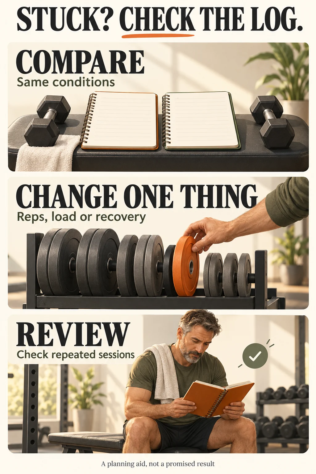 Overcoming Fitness Plateaus | Choose Your Next Training Change 6 Plateau planning checklist: compare the same conditions, change one variable, then review repeated sessions.