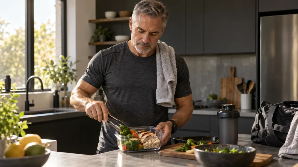 Illustrative scene of a man in his 50s preparing a meal after home training.