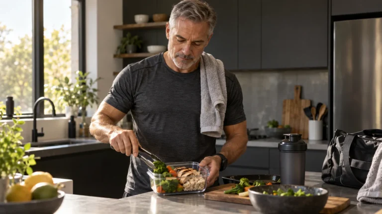 Post-Workout Supplements: What Fits Your Next Meal 7 Illustrative scene of a man in his 50s preparing a meal after home training.
