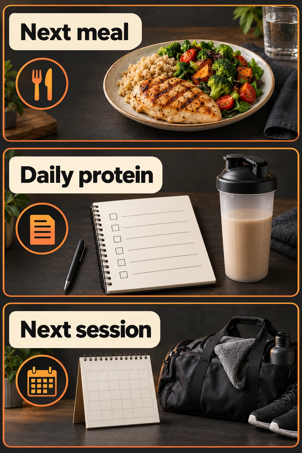 Post-Workout Supplements: What Fits Your Next Meal 3 Next meal, daily protein and next session. Illustrative food and schedule examples. They have no measured nutrient amounts, prescribed portions or guaranteed recovery result.