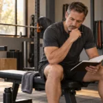 Illustrative editorial image of a man in his 40s reviewing a training notebook beside a rack and dumbbells.