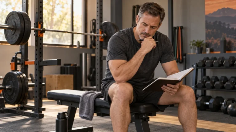 Illustrative editorial image of a man in his 40s reviewing a training notebook beside a rack and dumbbells.