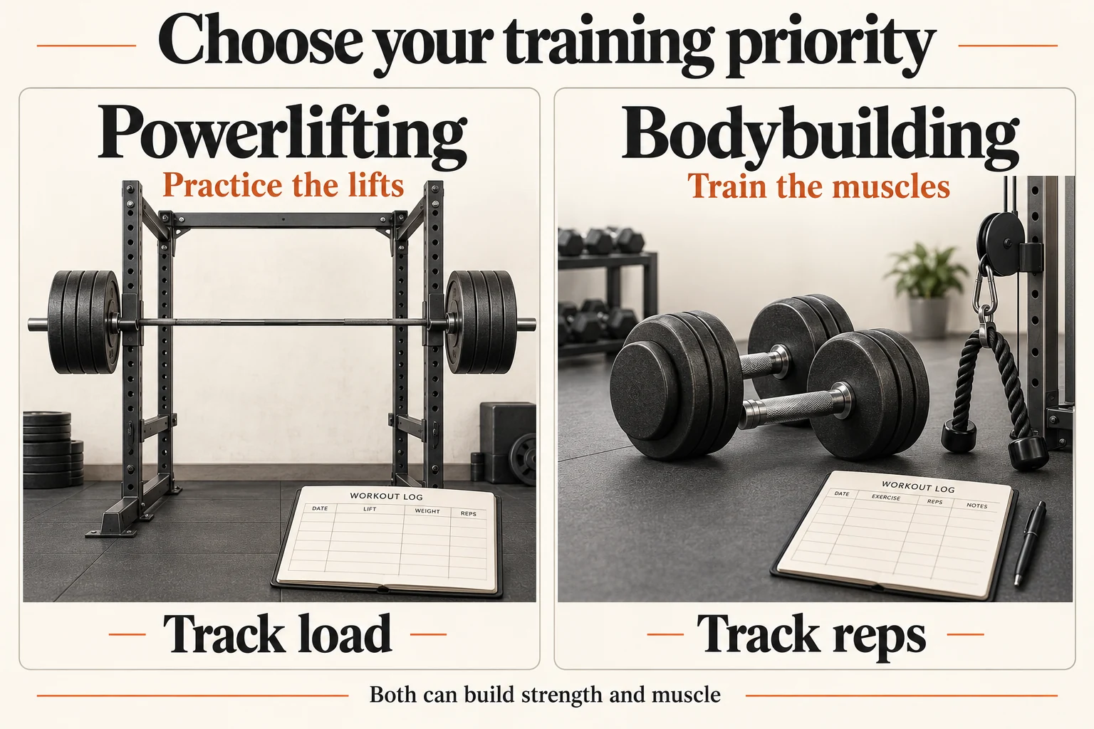 Powerlifting vs Bodybuilding in Your 40s | Sessions and Progression 3 Choose your training priority. Illustrative comparison of training emphasis: powerlifting prioritizes lift practice, bodybuilding prioritizes muscle work. Both approaches still need load, reps, effort and technique in the log. The images do not demonstrate a lifting setup.
