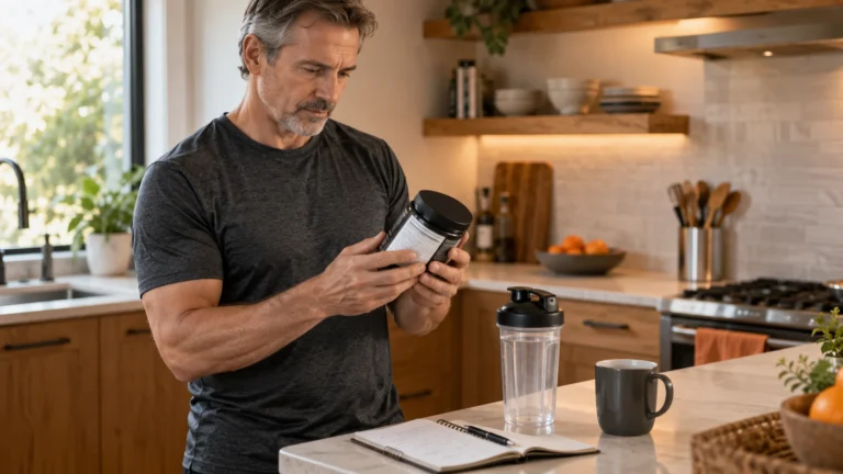 A man reads a generic supplement label beside a shaker, coffee mug and notebook.