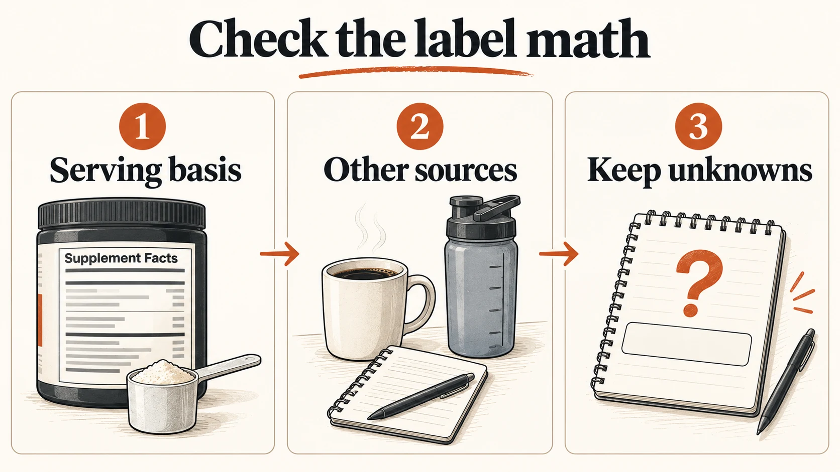 Pre-Workout Supplements | Ingredients, Caffeine and Label Checks 3 Three label checks: serving basis, other caffeine sources and keeping unknown amounts visible.