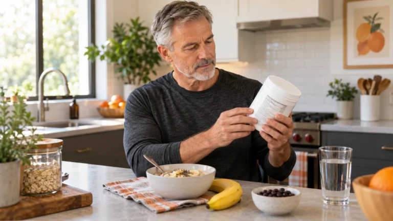 Prebiotic Supplements | Ingredients, Evidence and Label Checks 10 Illustrative editorial scene of a man in his 50s reading a fiber supplement label beside breakfast foods.