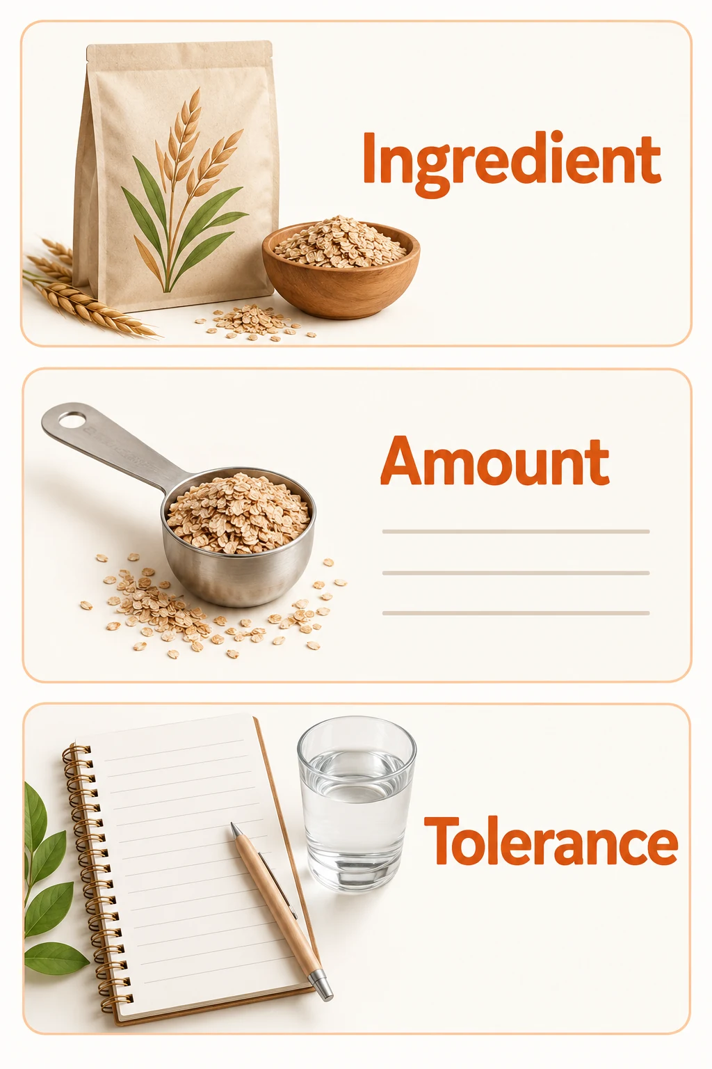 Three checks before choosing a prebiotic supplement. Illustrative label-reading guide: identify the ingredient, record its amount and observe tolerance. Oats represent a food example; not every dietary fiber is a demonstrated prebiotic. No intake or health result is measured in this image.