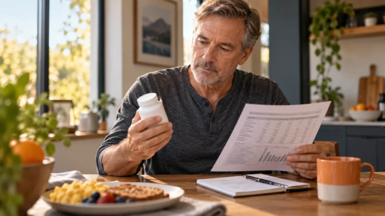 Illustrative scene of a man comparing a closed unbranded supplement bottle and study document beside breakfast.
