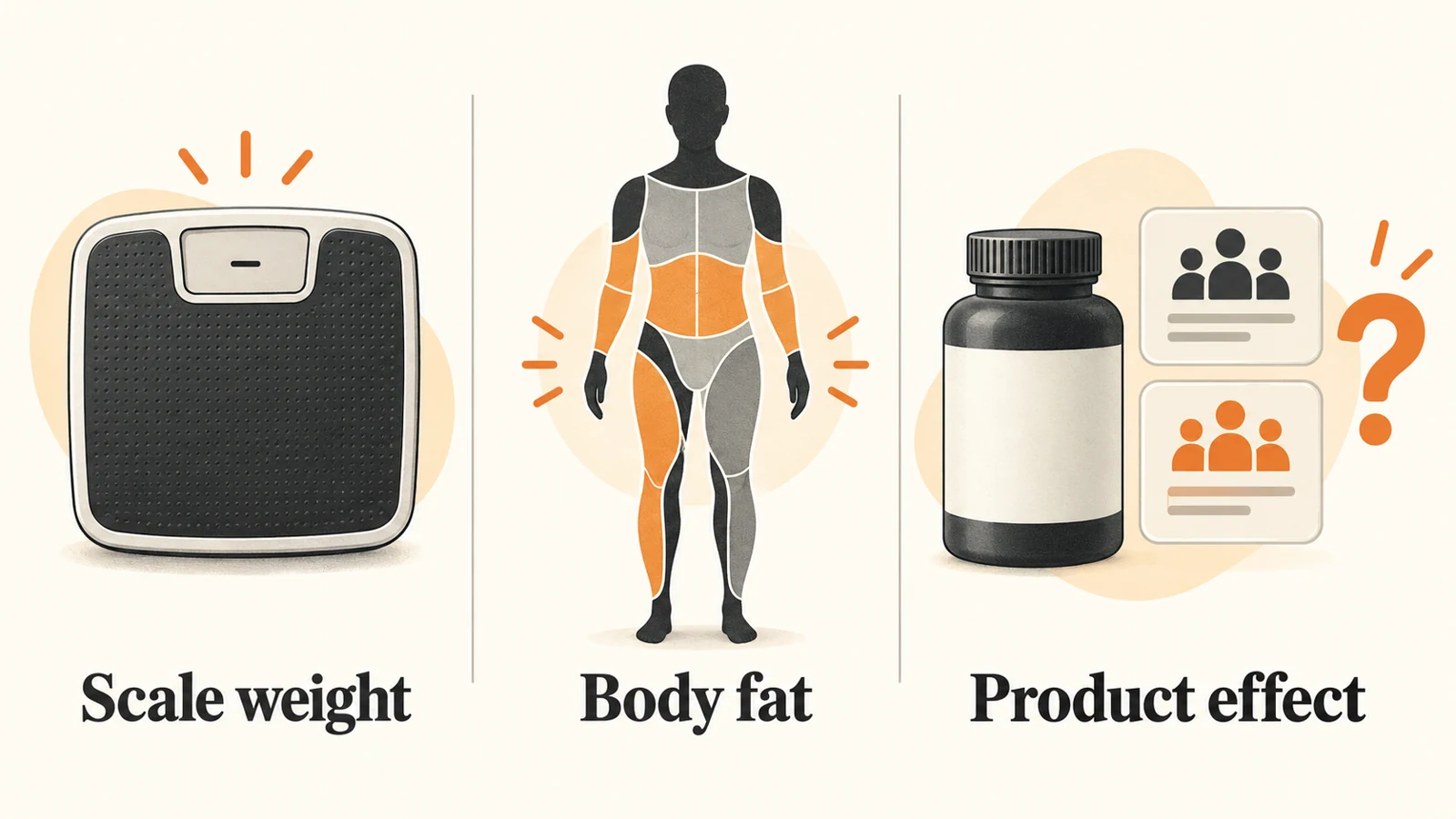 Illustration separating scale weight, body fat and evidence for a finished product effect.