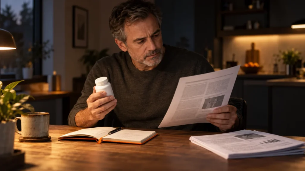 Illustrative scene of a man comparing a closed unbranded supplement bottle with a research document at an evening kitchen table.
