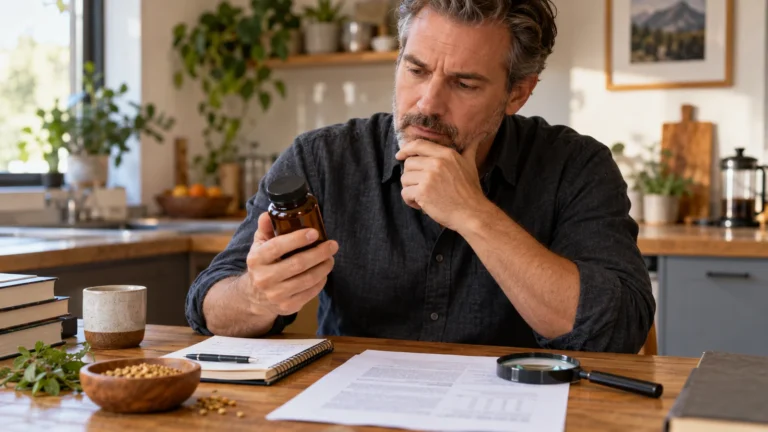 PrimeGENIX Testodren Review | What the Furosap Studies Show 8 Illustrative scene of a man comparing a closed generic supplement bottle with research papers and a notebook; not Testodren product photography or personal testing.