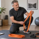 A man inspects a slack resistance band beside a notebook and different band types.