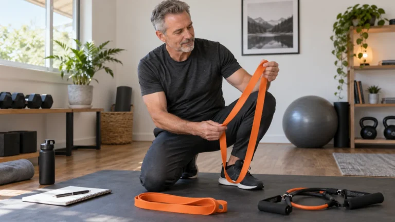 Resistance Band Training | Full-Body Workouts and Setup 2 A man inspects a slack resistance band beside a notebook and different band types.
