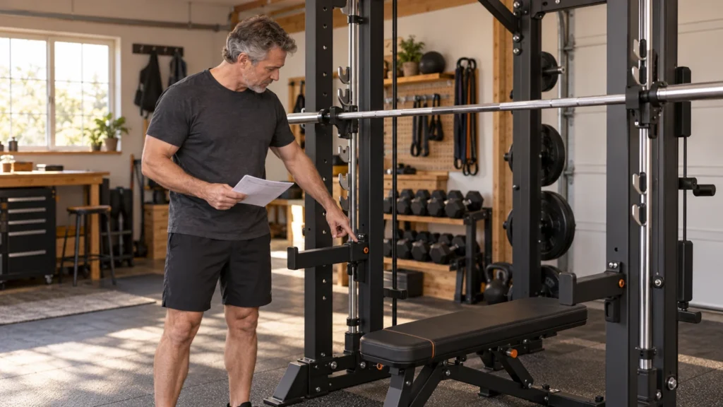Illustrative scene of a man over 50 inspecting a generic unloaded Smith frame and lower catch with a planning checklist.