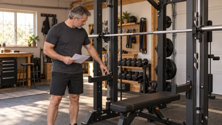 Illustrative scene of a man over 50 inspecting a generic unloaded Smith frame and lower catch with a planning checklist.