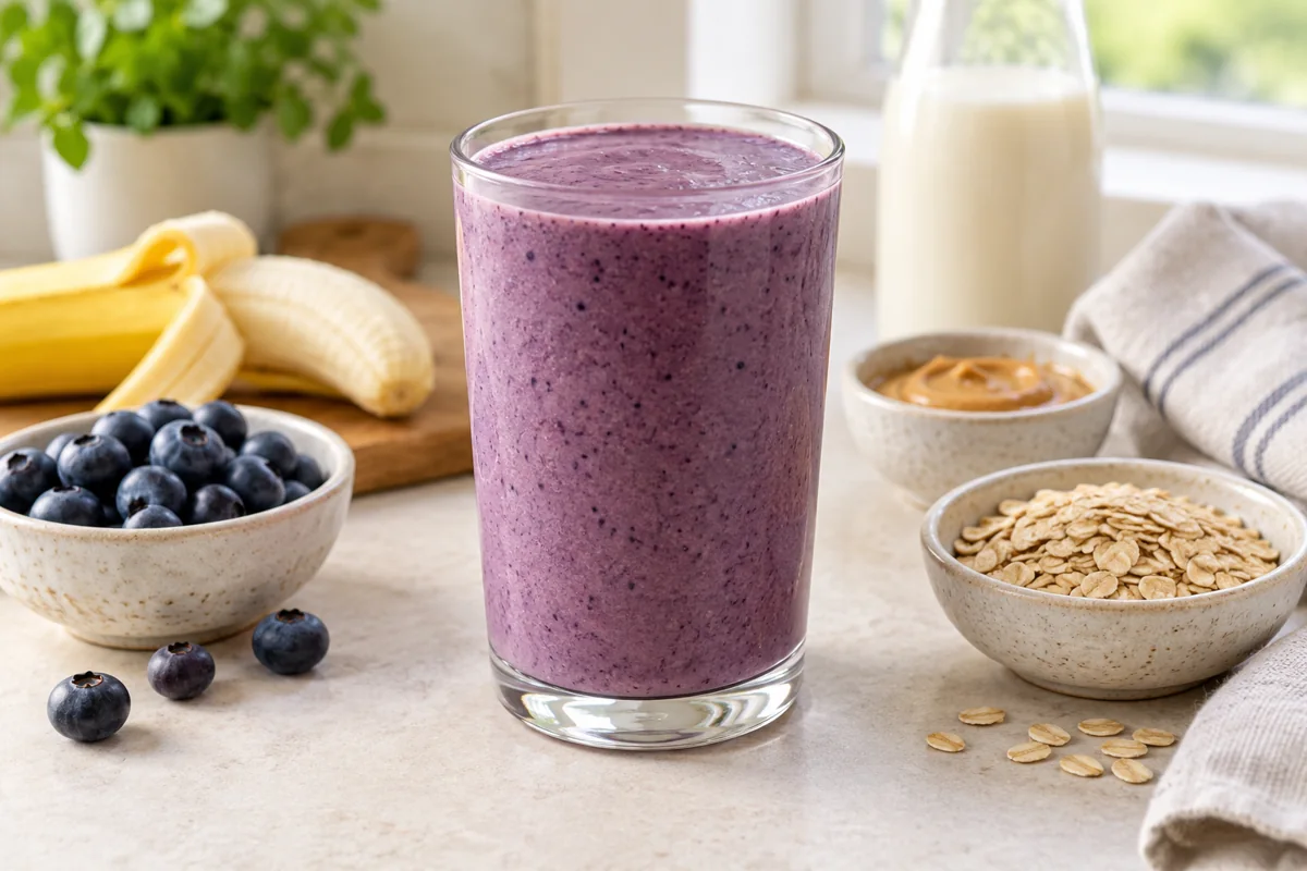 Illustrative purple blueberry yogurt oat smoothie in a clear glass beside blueberries, oats, banana and peanut butter.