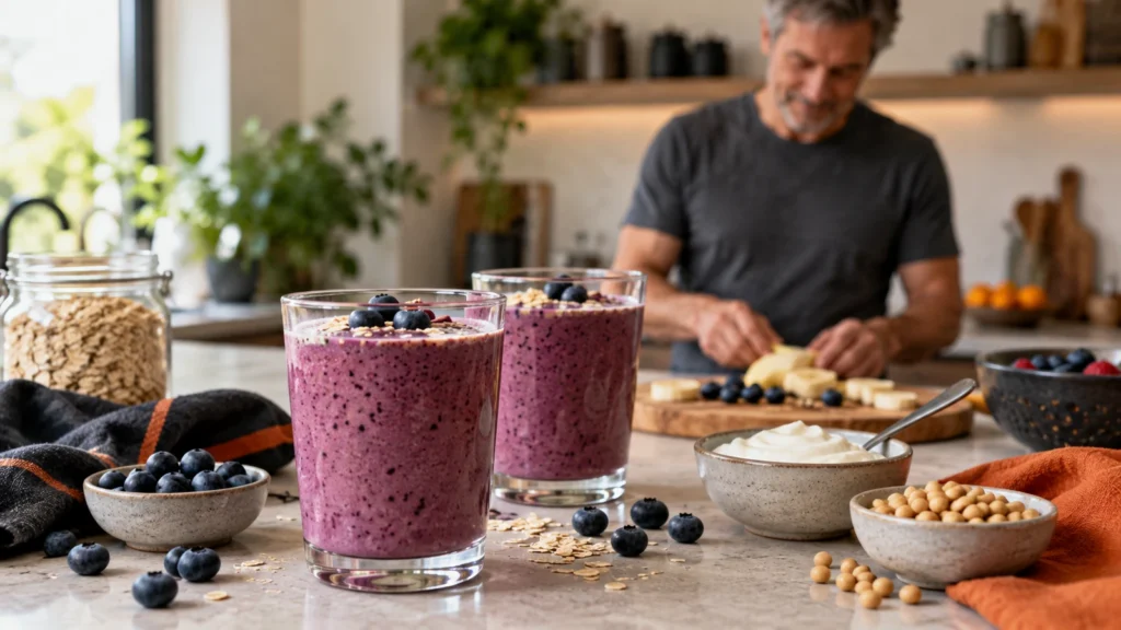 Editorial illustration of berry smoothies and breakfast ingredients with an older man preparing breakfast.
