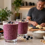 Editorial illustration of berry smoothies and breakfast ingredients with an older man preparing breakfast.