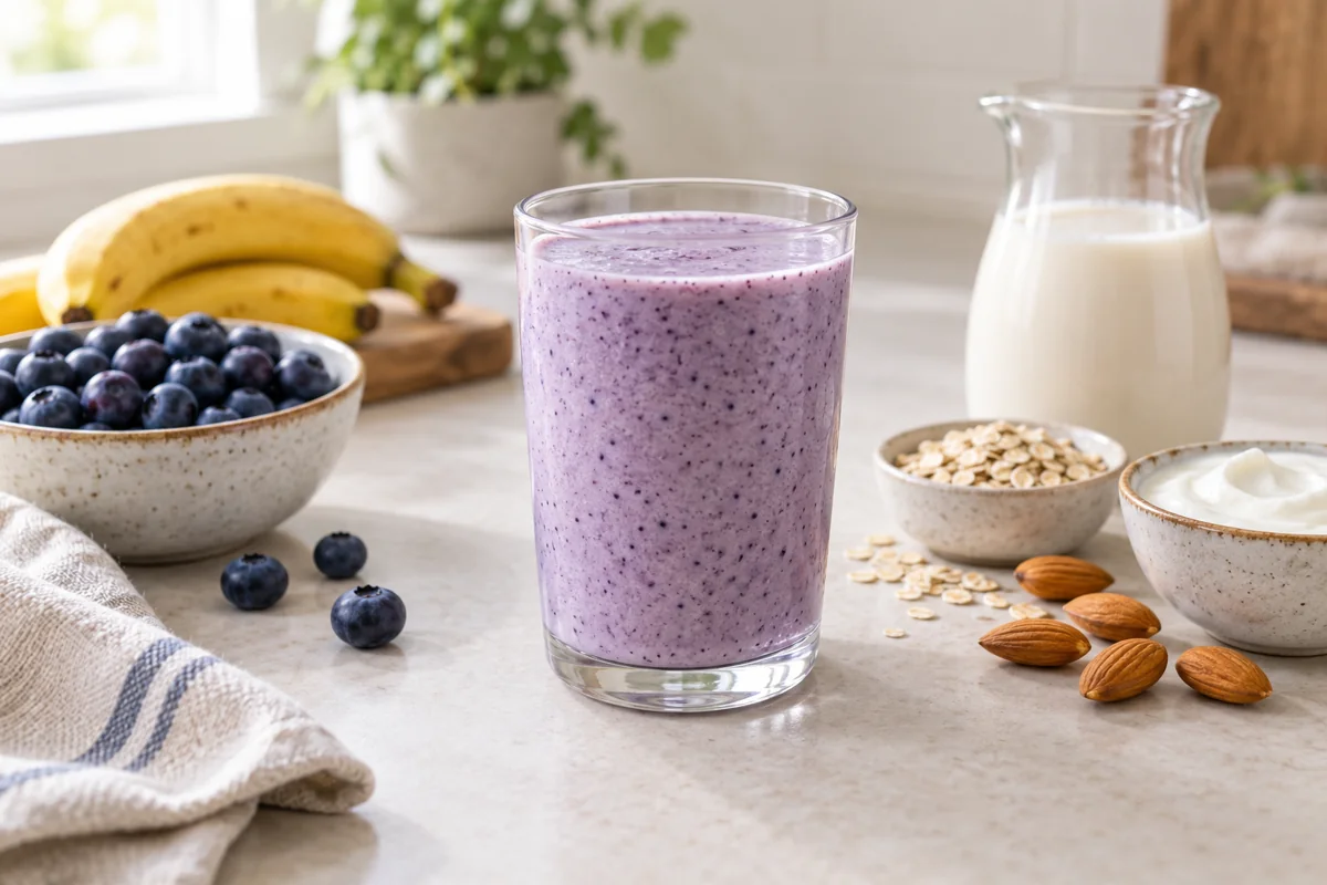 Illustrative pale lavender blueberry almond yogurt smoothie in a clear glass beside blueberries, almonds and almond milk.