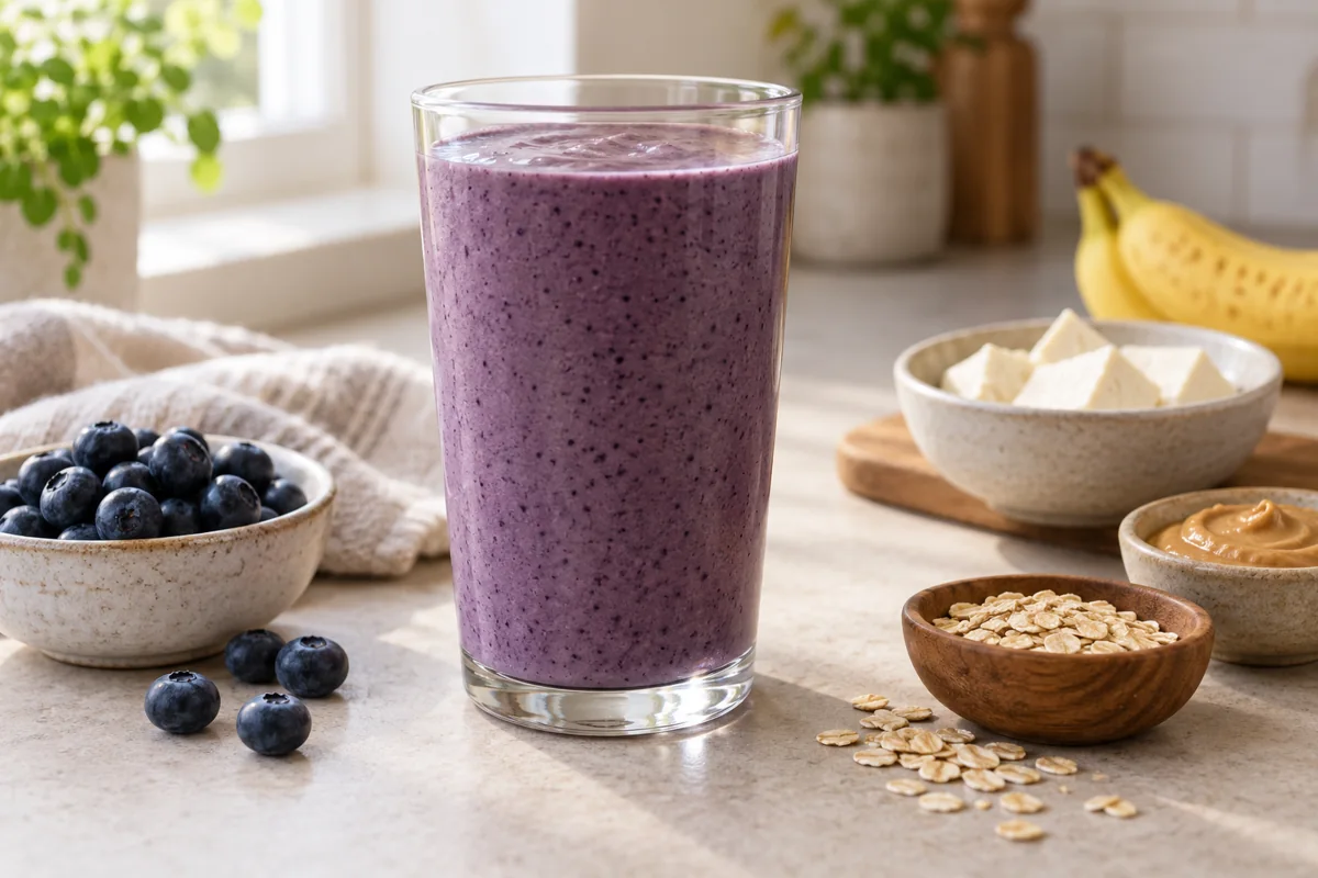 Illustrative creamy purple blueberry soy smoothie in a clear glass, with soft tofu, blueberries, banana and oats nearby.