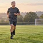 A mature recreational soccer player warming up on grass near low orange markers, with a ball outside his running route.
