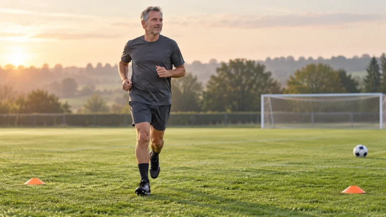 Soccer Conditioning | Plan Sessions Around Your Match Week 12 A mature recreational soccer player warming up on grass near low orange markers, with a ball outside his running route.