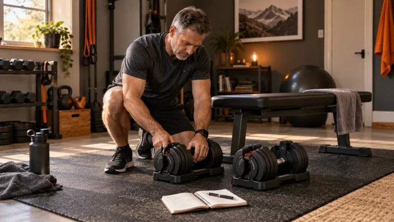 Strength Training at Home | A Plan You Can Progress 2 Illustrative home exercise scene for strength training at home; not a tested product or measured technique demonstration.