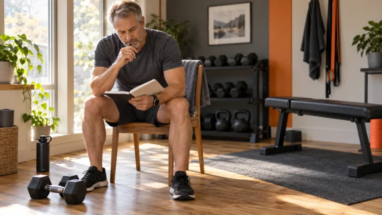 Strength Training for Men Over 50 | How to Choose Your Next Step 3 Illustrative scene of a man in his late 50s reviewing a training notebook beside dumbbells at home.